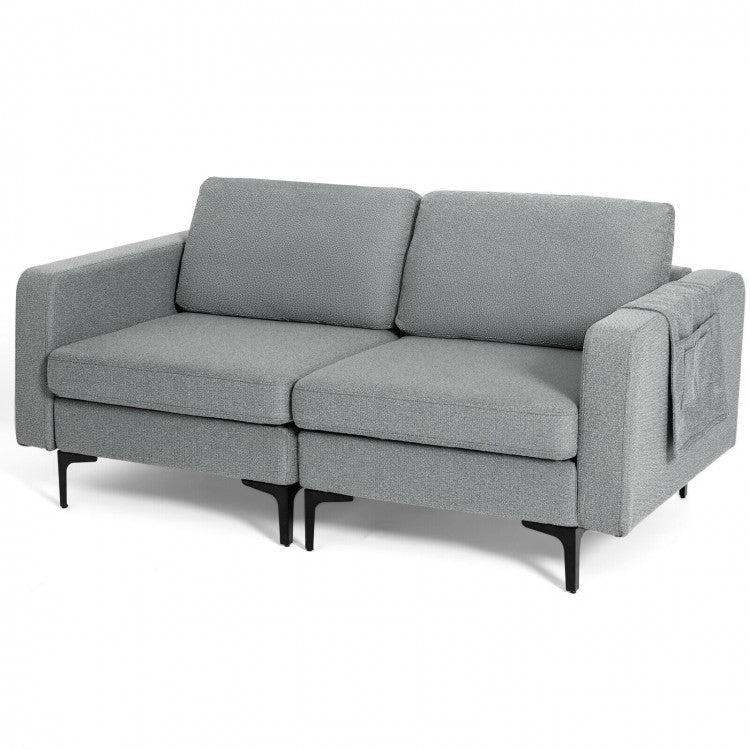 Costway Modern Leather Sofa Couch for 2 - Linen Upholstered Loveseat with Side Storage Pockets, Suitable for Living Room and Office