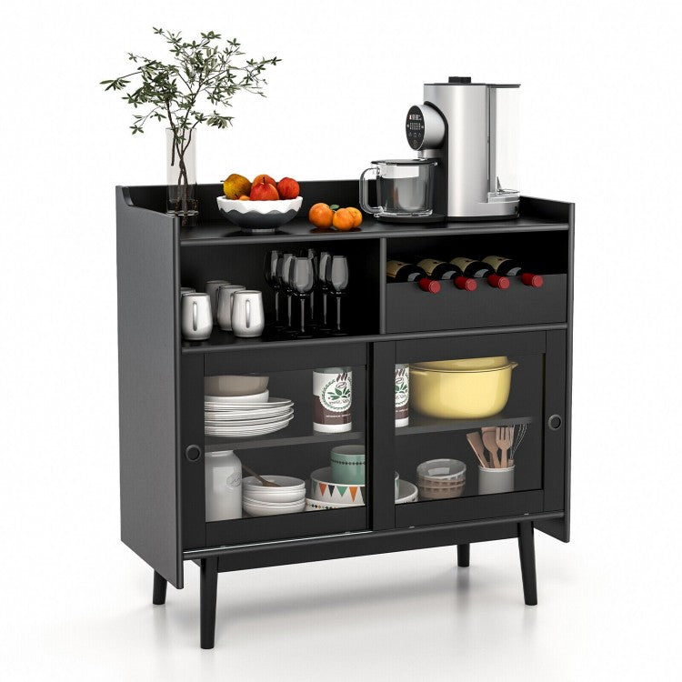 Costway Black Modern Bar Cabinet with Sliding Doors and Wine Rack - Suitable for Restaurant and Kitchen