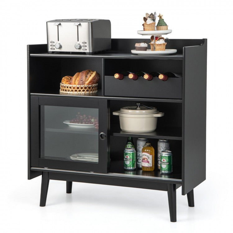 Costway Black Modern Bar Cabinet with Sliding Doors and Wine Rack - Suitable for Restaurant and Kitchen