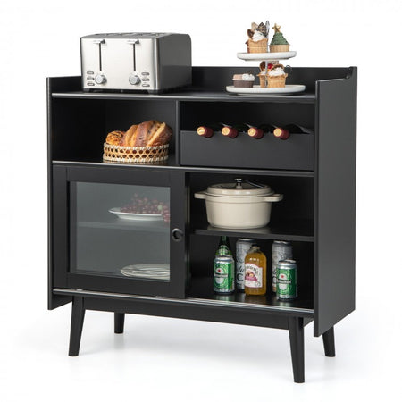Costway Black Modern Bar Cabinet with Sliding Doors and Wine Rack - Suitable for Restaurant and Kitchen