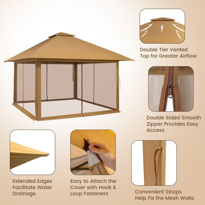 Costway 13x13 ft Outdoor Gazebo Canopy Pop-Up Tent with Mesh Walls - Suitable for Backyard Weddings and Parties