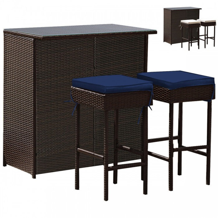 3-Piece Outdoor Wicker Rattan Bar Furniture Set with Comfortable Cushions