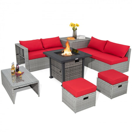 9-Piece Outdoor Rattan Sofa Set with Propane Fire Pit Table (All-Season)