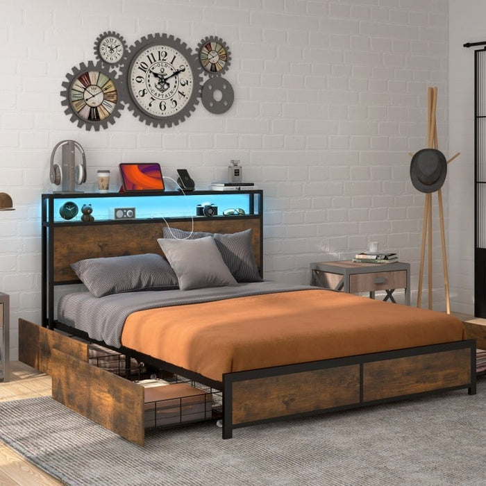 Rustic Vintage Metal Bed Frame with LED Headboard and 4 Drawers