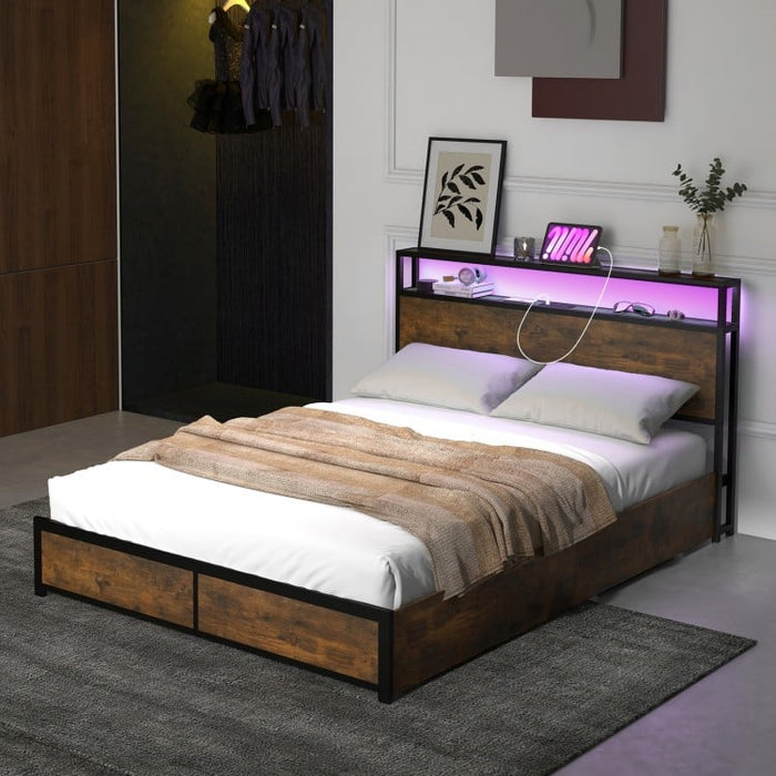 Rustic Vintage Metal Bed Frame with LED Headboard and 4 Drawers