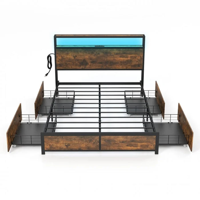 Rustic Vintage Metal Bed Frame with LED Headboard and 4 Drawers