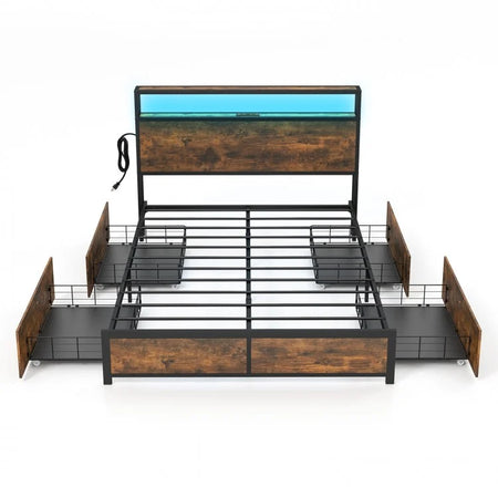 Rustic Vintage Metal Bed Frame with LED Headboard and 4 Drawers