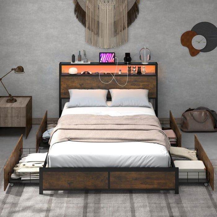 Rustic Vintage Metal Bed Frame with LED Headboard and 4 Drawers