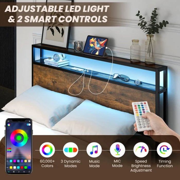 Rustic Vintage Metal Bed Frame with LED Headboard and 4 Drawers