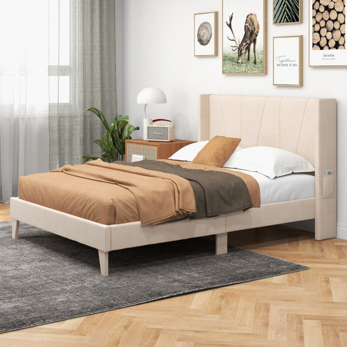 Modern Minimalist Wood Bed Frame with Upholstered Headboard and Storage