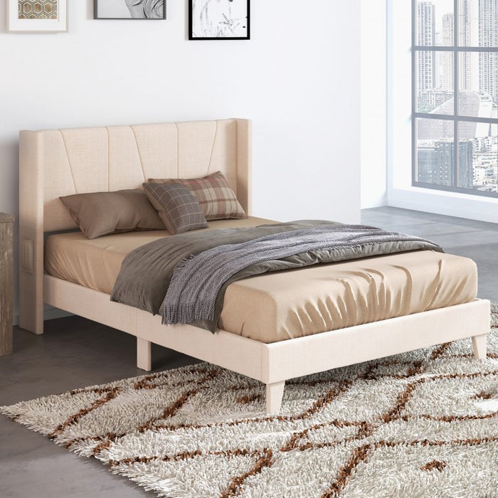Modern Minimalist Wood Bed Frame with Upholstered Headboard and Storage