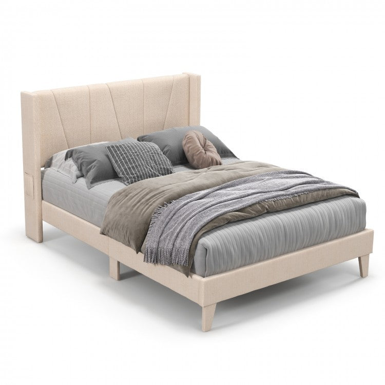 Modern Minimalist Wood Bed Frame with Upholstered Headboard and Storage