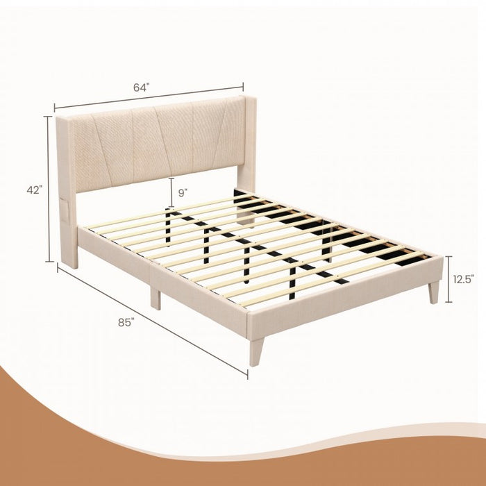 Modern Minimalist Wood Bed Frame with Upholstered Headboard and Storage
