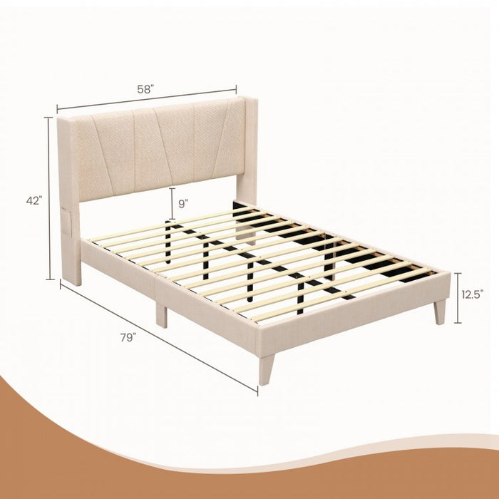 Modern Minimalist Wood Bed Frame with Upholstered Headboard and Storage