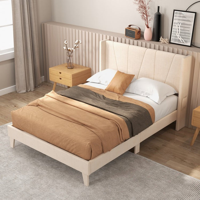 Modern Minimalist Wood Bed Frame with Upholstered Headboard and Storage