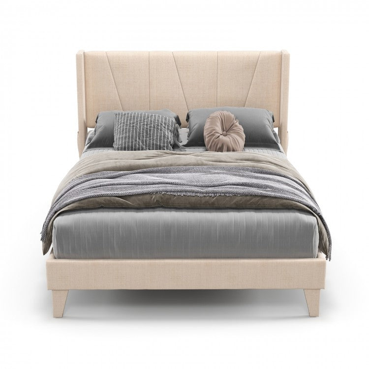 Modern Minimalist Wood Bed Frame with Upholstered Headboard and Storage