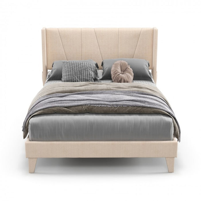 Modern Minimalist Wood Bed Frame with Upholstered Headboard and Storage