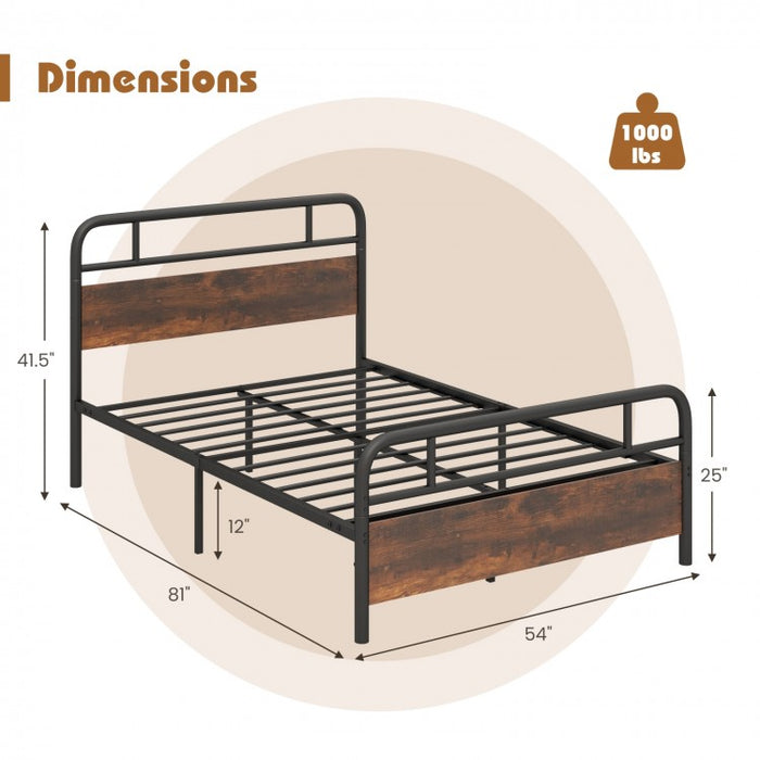 Rustic Industrial Style Bed Frame with Headboard and Footboard