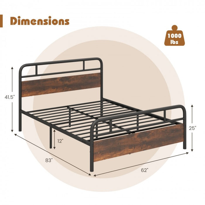 Rustic Industrial Style Bed Frame with Headboard and Footboard