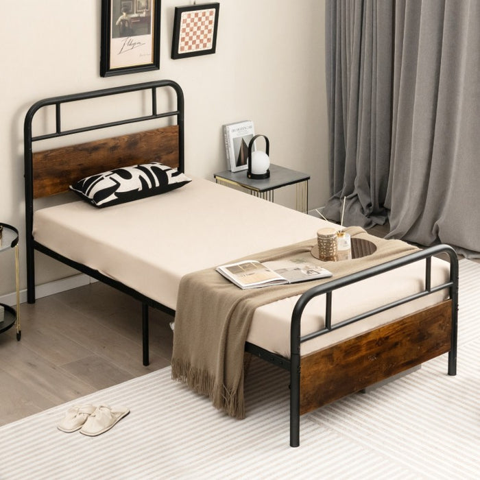 Rustic Industrial Style Bed Frame with Headboard and Footboard