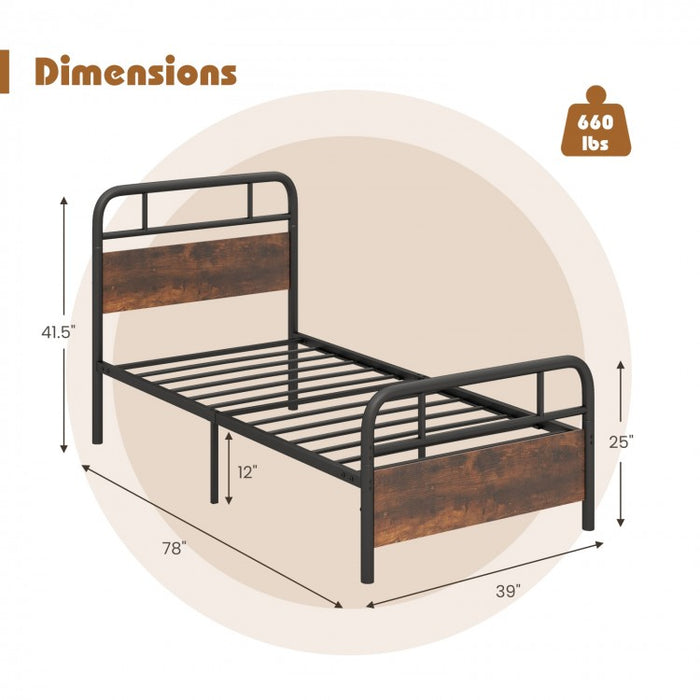 Rustic Industrial Style Bed Frame with Headboard and Footboard
