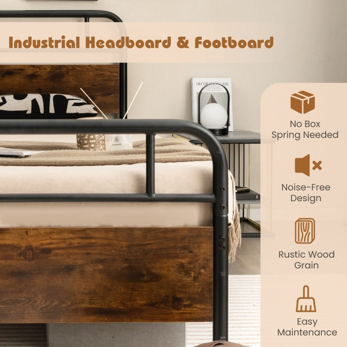 Rustic Industrial Style Bed Frame with Headboard and Footboard