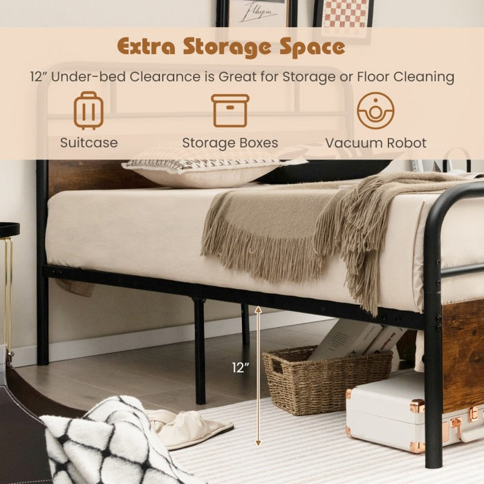 Rustic Industrial Style Bed Frame with Headboard and Footboard