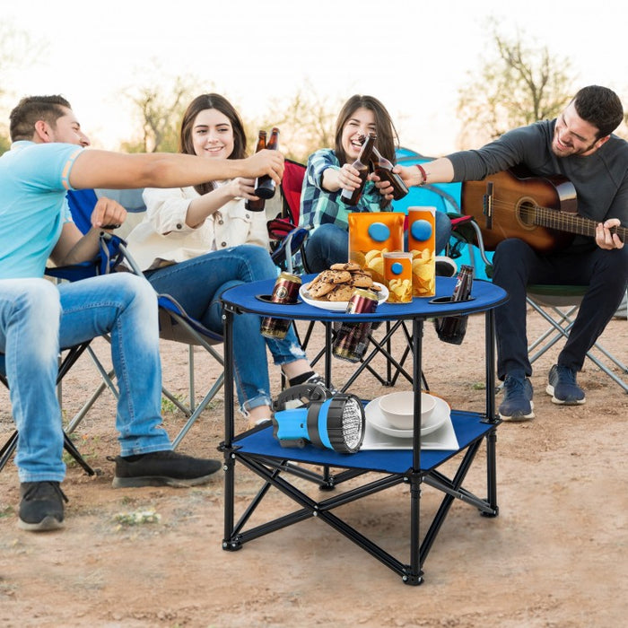 2-Tier Foldable Table Camping with Portable Carrying Bag and 4 Cup Holders - Suitable for Beach and Fishing