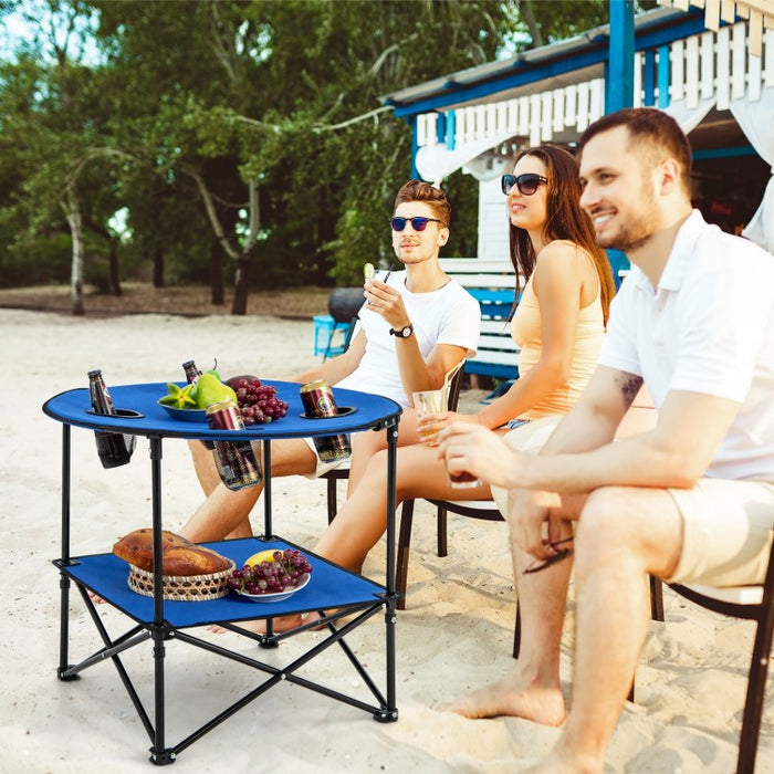 2-Tier Foldable Table Camping with Portable Carrying Bag and 4 Cup Holders - Suitable for Beach and Fishing