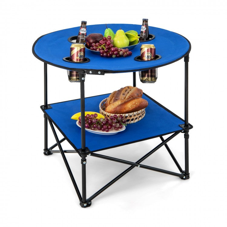2-Tier Foldable Table Camping with Portable Carrying Bag and 4 Cup Holders - Suitable for Beach and Fishing