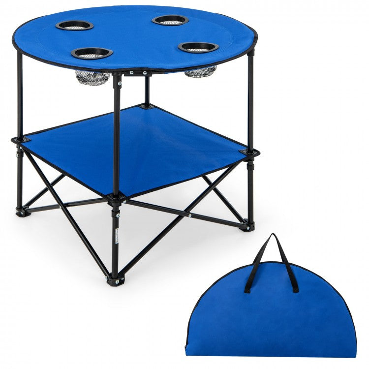 2-Tier Foldable Table Camping with Portable Carrying Bag and 4 Cup Holders - Suitable for Beach and Fishing