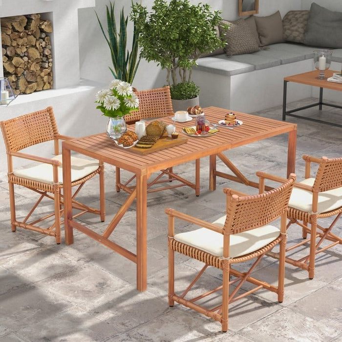 Outdoor Solid Wood Dining Table with Umbrella Hole - Seats Up to 6 People, Suitable for Patio and Backyard
