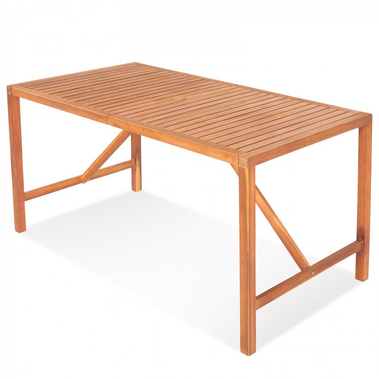 Outdoor Solid Wood Dining Table with Umbrella Hole - Seats Up to 6 People, Suitable for Patio and Backyard