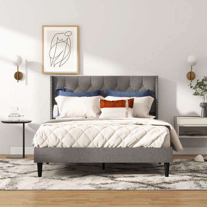 Gray Minimalist Upholstered Headboard Solid Wood Bed Frame