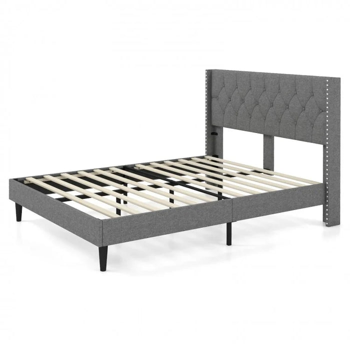 Gray Minimalist Upholstered Headboard Solid Wood Bed Frame