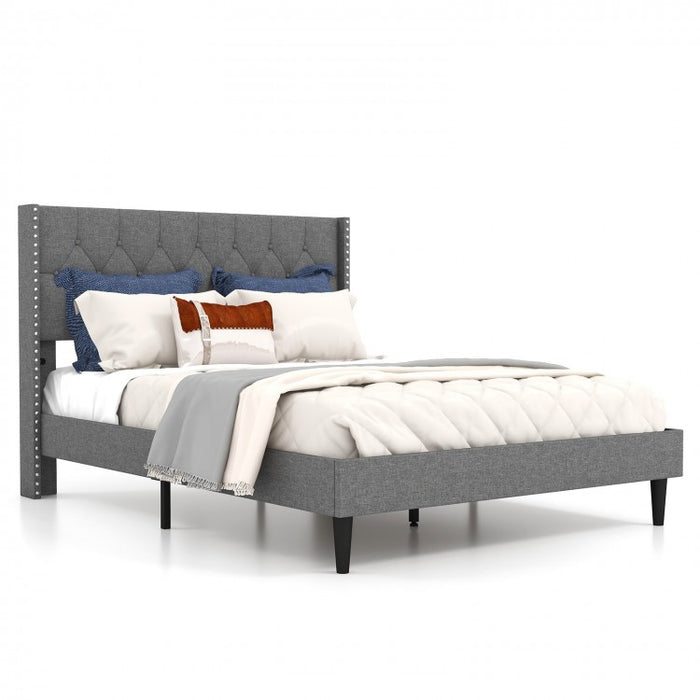 Gray Minimalist Upholstered Headboard Solid Wood Bed Frame