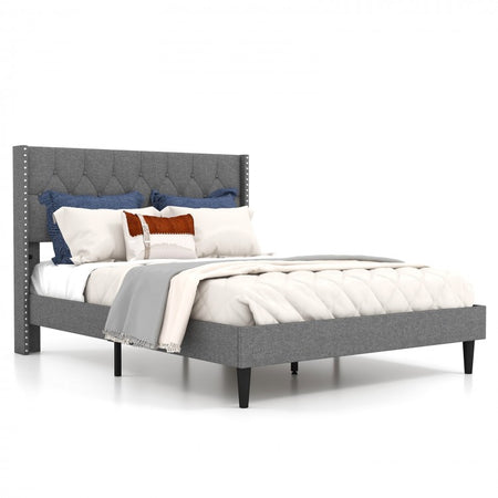 Gray Minimalist Upholstered Headboard Solid Wood Bed Frame