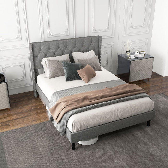 Gray Minimalist Upholstered Headboard Solid Wood Bed Frame