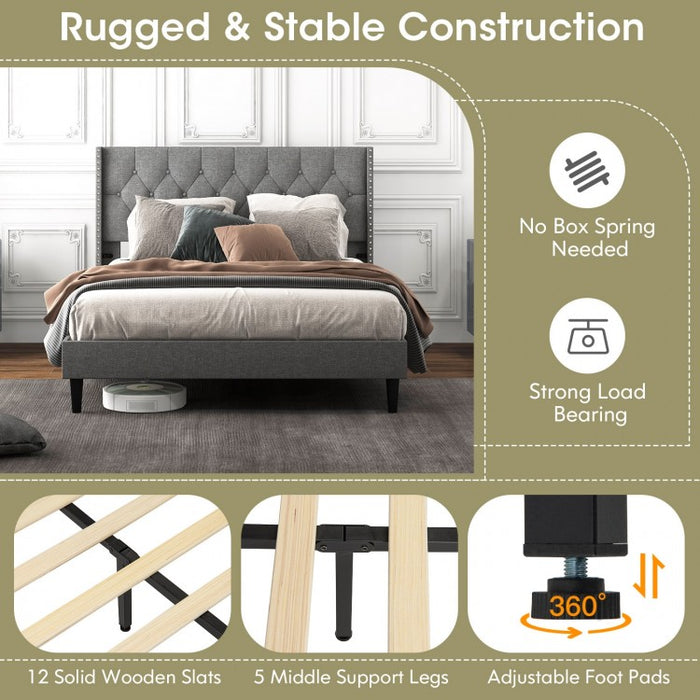 Gray Minimalist Upholstered Headboard Solid Wood Bed Frame