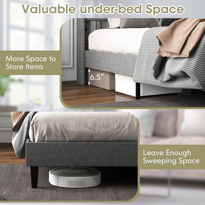 Gray Minimalist Upholstered Headboard Solid Wood Bed Frame