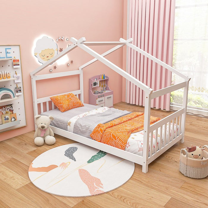 Solid Wood Children's Bunk Bed with Roof Structure
