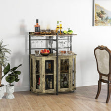 Load image into Gallery viewer, Costway Industrial Corner Bar Cabinet with Adjustable Shelves and Glass Supports - Suitable for Dining Room and Bar Decor
