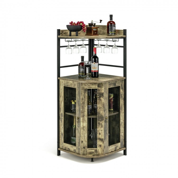 Costway Industrial Corner Bar Cabinet with Adjustable Shelves and Glass Supports - Suitable for Dining Room and Bar Decor