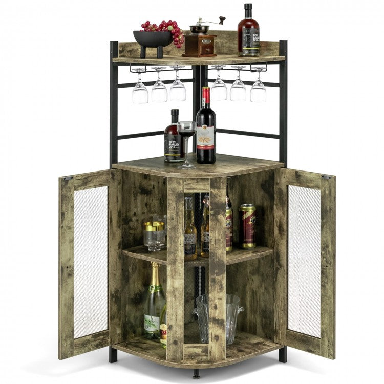 Costway Industrial Corner Bar Cabinet with Adjustable Shelves and Glass Supports - Suitable for Dining Room and Bar Decor