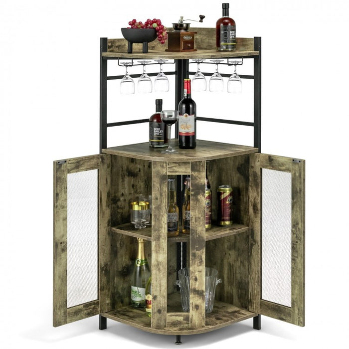 Costway Industrial Corner Bar Cabinet with Adjustable Shelves and Glass Supports - Suitable for Dining Room and Bar Decor