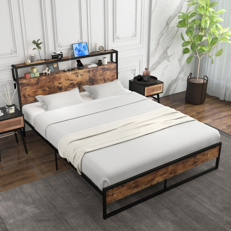 Industrial Style Bedroom Bed Frame with 2-Tier Headboard and Charging Ports