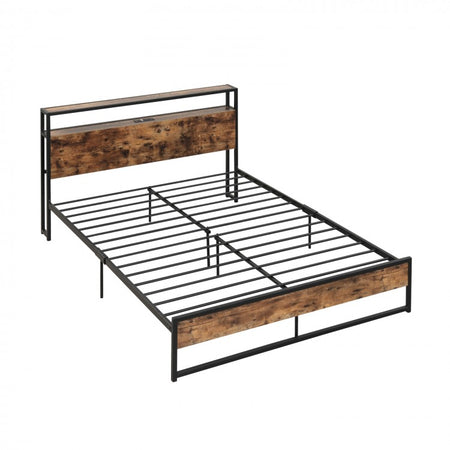 Industrial Style Bedroom Bed Frame with 2-Tier Headboard and Charging Ports