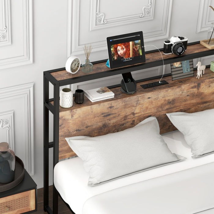 Industrial Style Bedroom Bed Frame with 2-Tier Headboard and Charging Ports