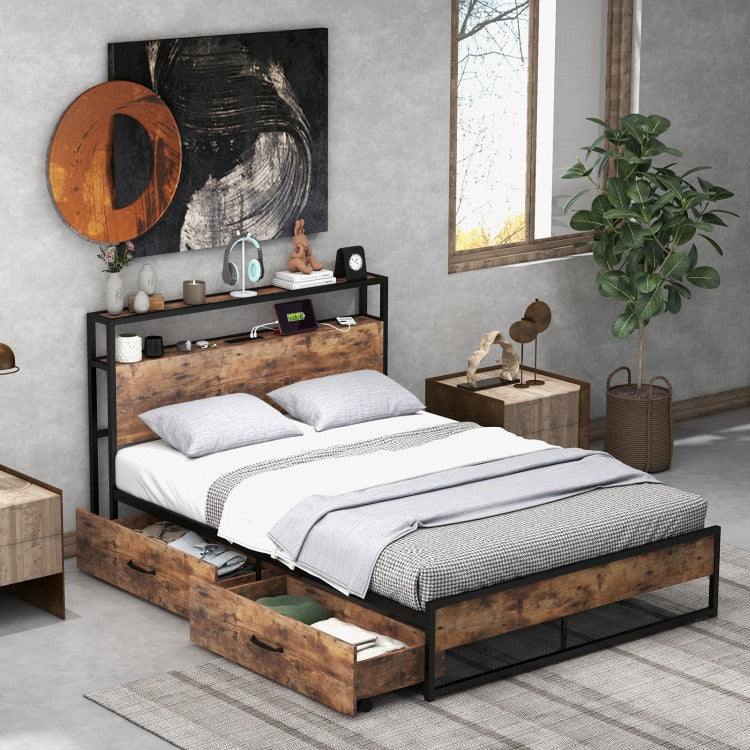 Industrial-Style Metal Bed Frame with 2-Drawer Storage Headboard