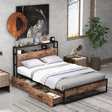 Charger l&#39;image dans la galerie, Industrial-Style Metal Bed Frame with 2-Drawer Storage Headboard
